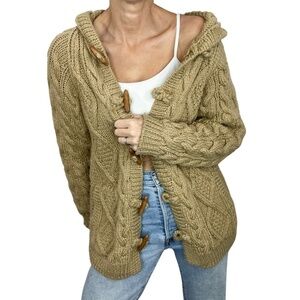 Ryan New York Korea chunky cable knit tan hooded fisherman cardigan sweater